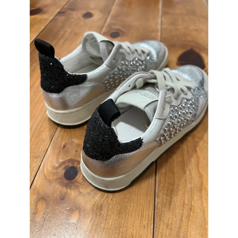 Steve Madden Silver Metallic Studded Suede Sneakers Black Glitter Heel Low Top